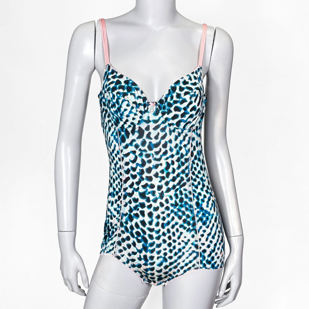 VTG Y2K Cosmopolitan Blue Leopard Print Bodysuit Womens 7/Large Sexy Going Out